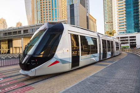 DUBAI, UAE - DECEMBER 5: New modern tram in Dubai, UAE. December 5, 2015 in Dubai, United Arab Emiratesのeditorial素材