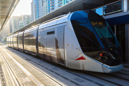 DUBAI, UAE - DECEMBER 5: New modern tram in Dubai, UAE. December 5, 2015 in Dubai, United Arab...