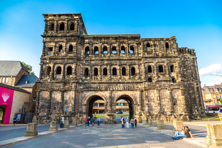 TRIER, GERMANY - JUNE 18, 2016: The Porta Nigra (Black Gate) in Trier in a beautiful summer day, Germany on June 18, 2016のeditorial素材