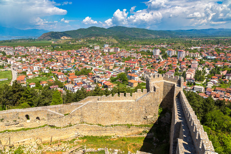 Old fortress ruins of tzar Samuel in Ohrid in a beautiful summer day, Republic of Macedoniaの写真素材