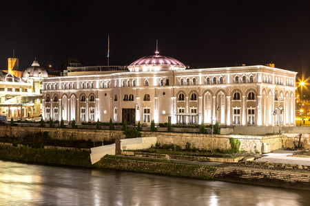 National theatre in Skopje in a beautiful summer night, Macedoniaのeditorial素材