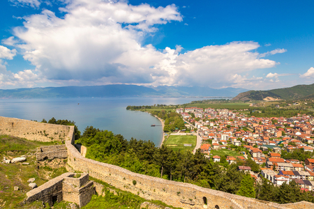Old fortress ruins of tzar Samuel in Ohrid in a beautiful summer day, Republic of Macedoniaの写真素材