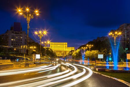 Building of Romanian parliament in Bucharest in a beautiful summer night, Bulgariaのeditorial素材