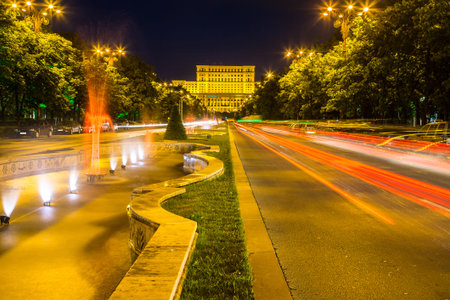 Building of Romanian parliament in Bucharest in a beautiful summer night, Bulgariaのeditorial素材