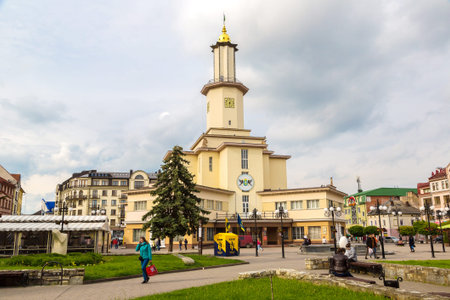 IVANO-FRANKIVSK, UKRAINE - JUNE 9, 2016: City Hall of Ivano-Frankivsk in a beautiful summer day, Ukraine on June 9, 2016のeditorial素材