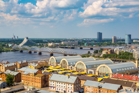 Panoramic aerial view of Riga in a beautiful summer day, Latvia