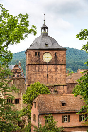 Panoramic aerial view of Heidelberg and ruins of Heidelberg Castle (Heidelberger Schloss) in a beautiful summer day, Germanyのeditorial素材