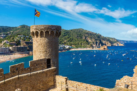 Beach at Tossa de Mar and fortress in a beautiful summer day, Costa Brava, Catalonia, Spainのeditorial素材