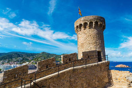 Beach at Tossa de Mar and fortress in a beautiful summer day, Costa Brava, Catalonia, Spainのeditorial素材