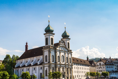 Historical city center of Lucerne and Jesuit church in a beautiful summer day, Switzerlandの写真素材