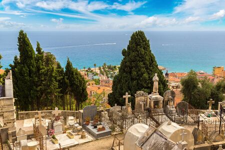 Old cemetery in Menton with a panoramic view on Mediterranean sea on french Riviera in a beautiful summer day, Franceのeditorial素材