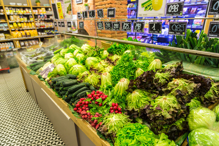 BARCELONA, SPAIN - JUNE 26, 2016: Food market in Barcelona in a beautiful summer day, Catalonia, Spain on June 26, 2016のeditorial素材