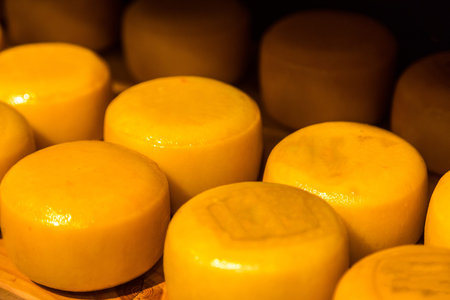 Cheese wheels on the shelves in Amsterdam store, The Netherlands