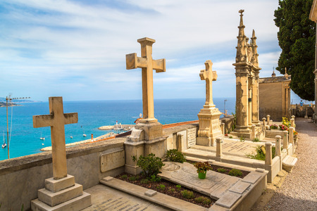 Old cemetery in Menton with a panoramic view on Mediterranean sea on french Riviera in a beautiful 

summer day, Franceのeditorial素材