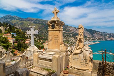 Old cemetery in Menton with a panoramic view on Mediterranean sea on french Riviera in a beautiful summer day, Franceのeditorial素材