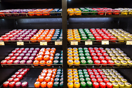 AMSTERDAM, THE NETHERLANDS - JUNE 16, 2016: Cheese wheels on the shelves in Amsterdam store, The Netherlands on June 16, 2016のeditorial素材