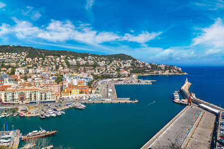 Panoramic aerial view of port in Nice in a beautiful summer day, Franceの写真素材
