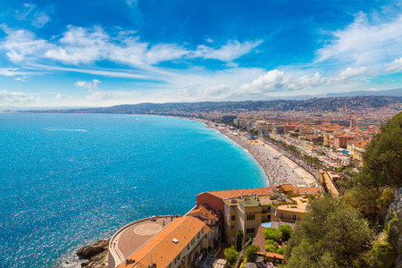 Panoramic aerial view of public beach in Nice in a beautiful summer day, France