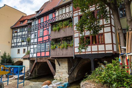 Bridge Kramerbrucke in Erfurt in a beautiful summer day, Germanyのeditorial素材