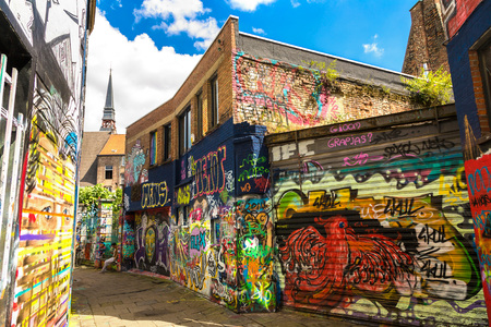 GENT, BELGIUM - JUNE 14, 2016: Graffiti street in Gent in a beautiful summer day, Belgium on June 14, 2016のeditorial素材