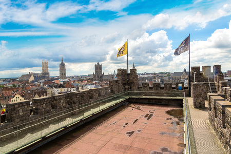 Medieval castle Gravensteen (Castle of the Counts) in Gent in a beautiful summer day, Belgiumのeditorial素材