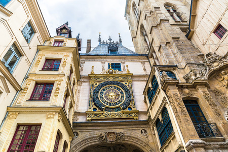 Clock in the Rue du Gros-Horloge in Rouen in a beautiful summer day, Franceの写真素材
