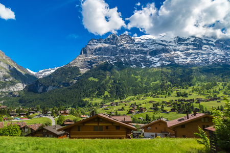 Mountain near Gimmelwald & Murren villages near Lauterbrunnen valley in a beautiful summer day, Switzerlandの写真素材