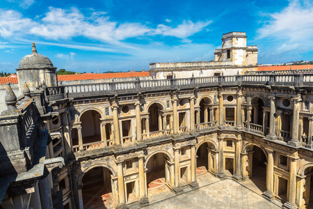 Central square of the inside medieval Templar castle in Tomar in a beautiful summer day, Portugalのeditorial素材
