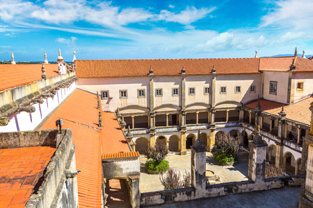 Central square of the inside medieval Templar castle in Tomar in a beautiful summer day, Portugalのeditorial素材
