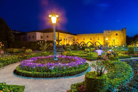 Gardens of Santa Barbara and castle in Braga in a beautiful summer night, Portugalのeditorial素材