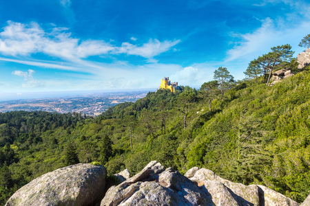 Panoramic view of Pena National Palace in Sintra in a beautiful summer day, Portugalのeditorial素材