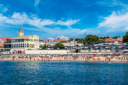 ESTORIL, PORTUGAL - JUNE 21, 2016: Public beach in Estoril in a beautiful summer day, Portugal on June 21, 2016のeditorial素材