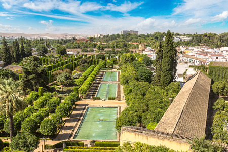 Panoramic view of Gardens at the Alcazar de los Reyes Cristianos in Cordoba in a beautiful summer day, Spainのeditorial素材
