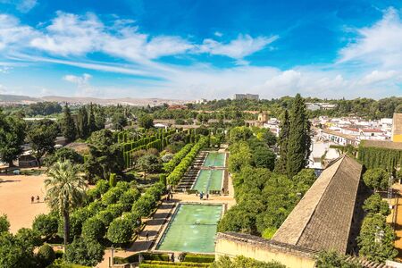 Panoramic view of Gardens at the Alcazar de los Reyes Cristianos in Cordoba in a beautiful summer day, Spainのeditorial素材