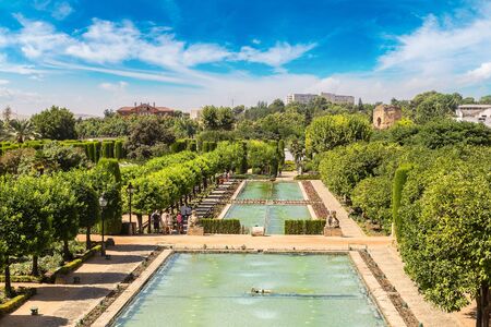 Panoramic view of Gardens at the Alcazar de los Reyes Cristianos in Cordoba in a beautiful summer day, Spainのeditorial素材