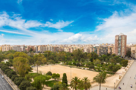 Panoramic aerial view of Turia gardens in Valencia in a beautiful summer day, Spain