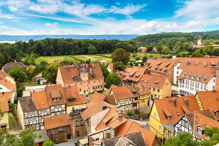 Panoramic aerial view of Quedlinburg in a beautiful summer day, Germanyのeditorial素材