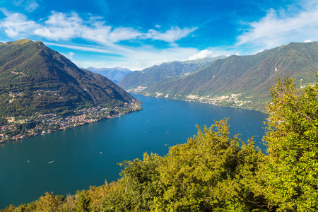 Panoramic aerial view of lake Como in Italy in a beautiful summer day
