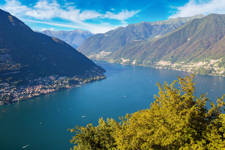 Panoramic aerial view of lake Como in Italy in a beautiful summer day