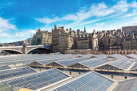 Aerial view of Waverley railway station in Edinburgh in a beautiful summer day, Scotland, United Kingdomの写真素材