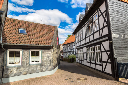 Historical street in Goslar in a beautiful summer day, Germanyのeditorial素材