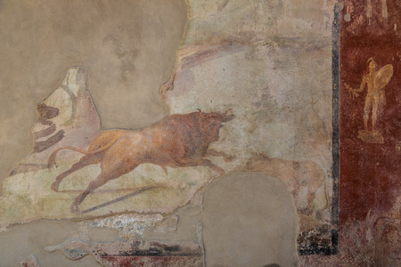 Painted wall in Pompeii city destroyed in 79BC by the eruption of volcano Vesuvius, Italy in a beautiful summer dayのeditorial素材