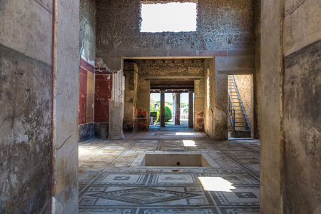 Living room in Pompeii city destroyed in 79BC by the eruption of volcano Vesuvius, Italy in a beautiful summer dayのeditorial素材
