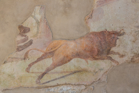 Painted wall in Pompeii city destroyed in 79BC by the eruption of volcano Vesuvius, Italy in a beautiful summer dayのeditorial素材