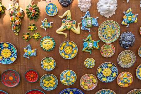 PALERMO, ITALY - JULY 28, 2017: Souvenirs of Sicily in Palermo, Italy in a beautiful summer dayのeditorial素材