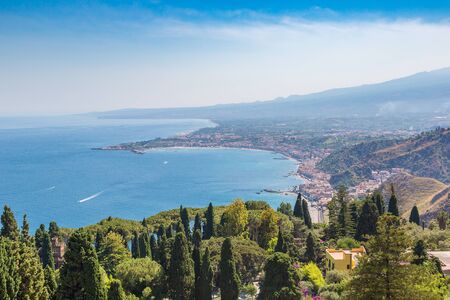 Panoramic aerial view of Taormina in Sicily, Italy in a beautiful summer dayの写真素材