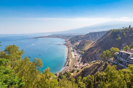 Panoramic aerial view of Taormina in Sicily, Italy in a beautiful summer dayの写真素材