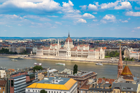 Panoramic view of  Budapest and Parliament Building in Hungary in a beautiful summer dayの写真素材