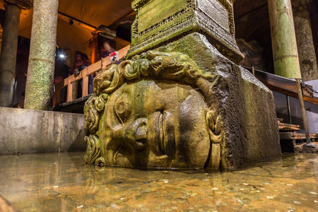 Medusa head in the Basilica Cistern in Istanbul, Turkey in a beautiful summer dayの写真素材
