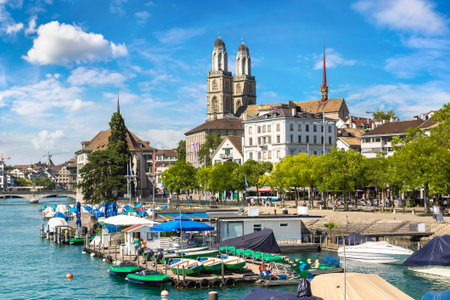Famous Grossmunster church in Zurich in a beautiful summer day, Switzerlandの写真素材